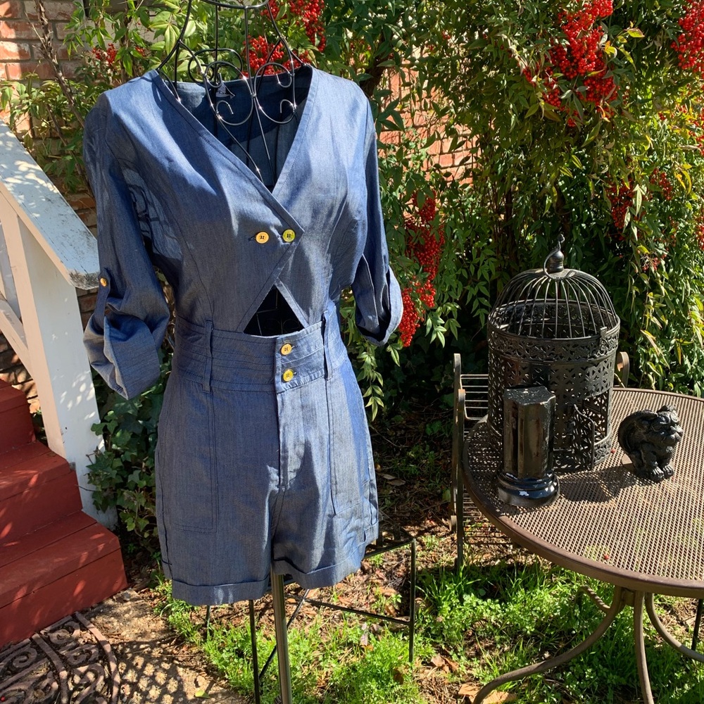 Bebe light weight navy denim romper , just like shorts and top put together - Picture 8 of 10